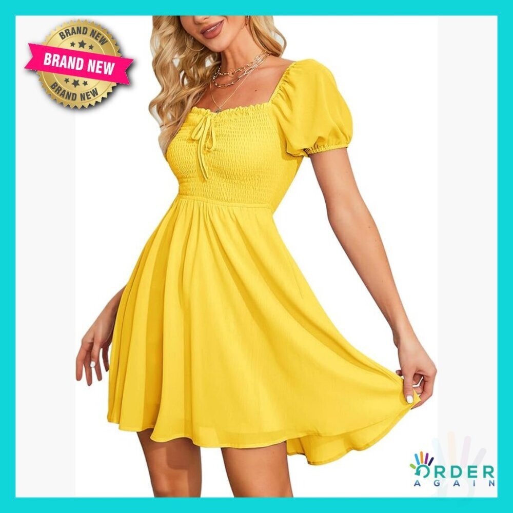 Sweetheart Neckline Smocked Sundress Puff Sleeve Flowy Swing Dress Elegant